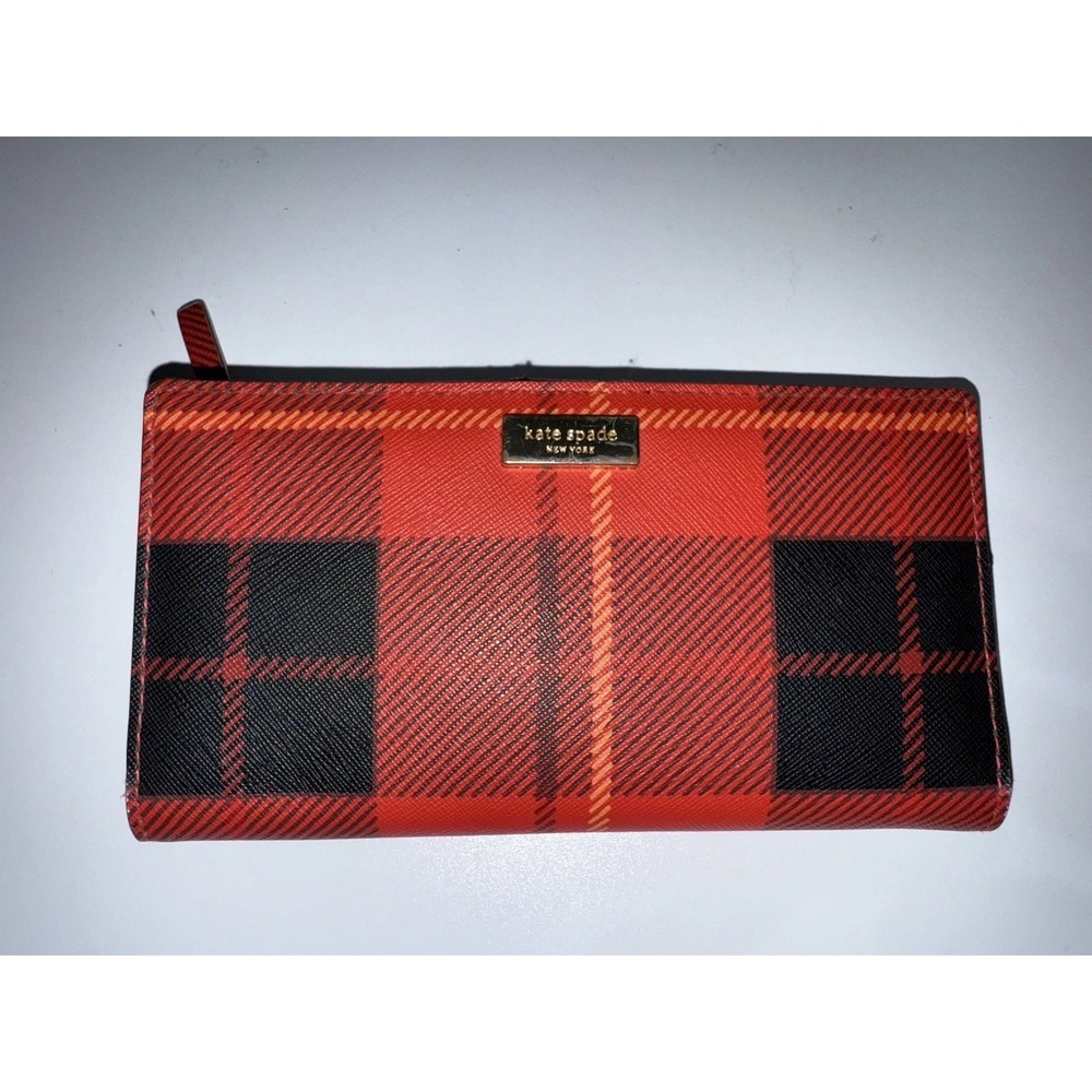 Kate Spade Neda Newbury Lane Plaid Print Red‎ Saffiano Leather Bifold Wallet  K